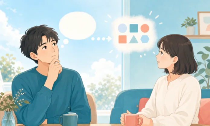 会話中に考えを整理してから言葉にしようとする男性