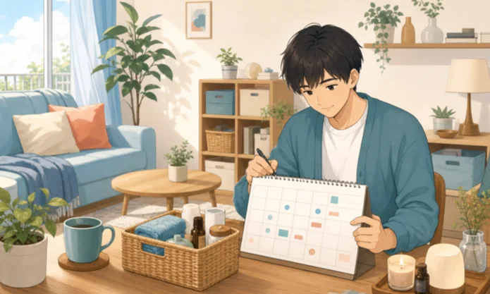 カレンダーや収納用品を使って生活を整える男性